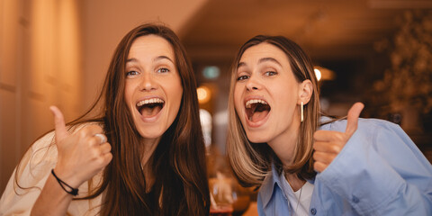 Smiling happy two cheerful satisfied women sisters friends showing thumb up like gesture sitting in...