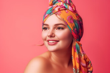 Naklejka premium Happy model in headscarf on pink background