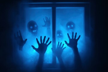 A blue hand is shown in a window with a window background. The ghost is surrounded by other blue hands, creating a creepy and unsettling atmosphere