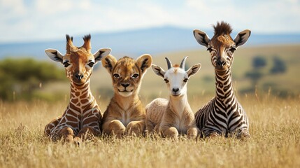 Adorable Baby Animals   Giraffe  Zebra  Lion  and Goat Together in Grass