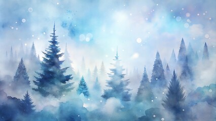Misty forest landscape with watercolor trees and soft blue tones featuring copy space