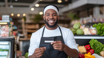 Friendly employee showcasing store loyalty cards