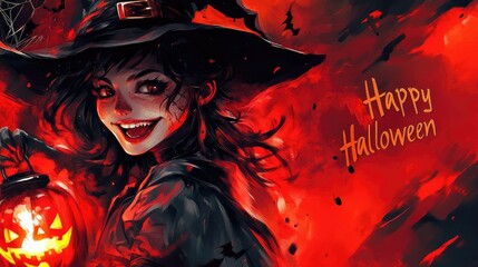 Illustration of a witch holding a glowing pumpkin with a menacing grin in a foggy fiery environment. Halloween holiday concept