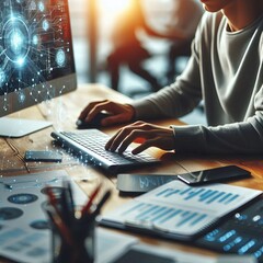 A person types on a keyboard while focusing on a computer screen displaying complex digital data. The modern office setting, combined with the glow of technology, emphasizes the importance of data