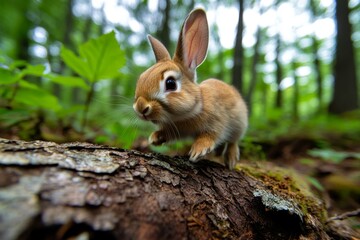 Fototapeta premium Rabbit bounding over a fallen log, quick and nimble as it escapes into the forest, disappearing into the underbrush