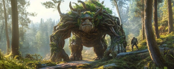 Naklejka premium Majestic forest monster towering over adventurers in an enchanted woodland setting, depicting a fantastical journey through nature's mysteries.