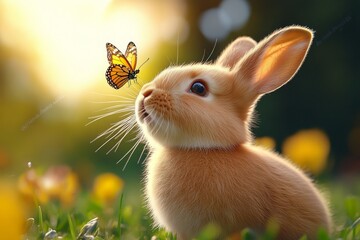 Fototapeta premium Rabbit chasing a butterfly, hopping playfully through the meadow in a joyful display of energy and curiosity