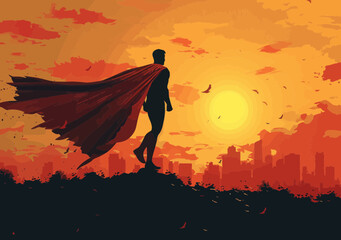 Businessman in Superhero Cape Looking Towards City Skyline at Sunset, Symbolizing Leadership and Aspirations, Business Concept Illustration