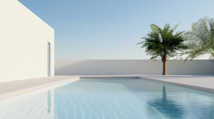 Fototapeta premium A sleek and modern villa featuring a pristine swimming pool with crystal-clear water. A lone palm tree stands tall, providing shade and adding a touch of tropical elegance. The minimalist design creat