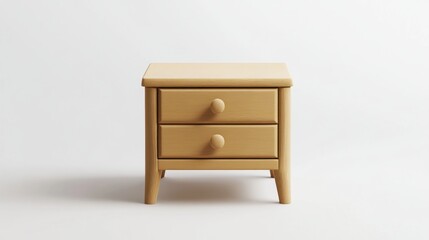 A simple wooden nightstand with two drawers, ideal for bedroom storage.