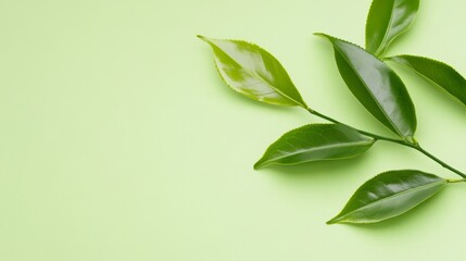 Obraz premium A sprig of fresh green tea leaves arranged on a bright green background, symbolizing nature, purity, health, growth, and tranquility.