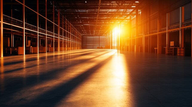 A spacious, empty warehouse with rows of shelving on either side. Sunlight streams through a large window at the end of the warehouse, casting long shadows on the concrete floor. The image evokes a se