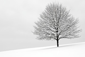 Fototapeta premium A single tree stands tall and proud against a backdrop of pristine white snow. The branches are delicately covered in a layer of frost, creating a breathtaking winter scene. The image evokes feelings 