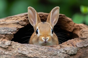 Obraz premium Rabbit hiding in a hollow log, peeking out carefully to ensure the coast is clear before venturing outside