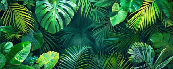 Tropical leaves creating lush green background texture