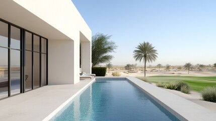 Fototapeta premium A stunning modern villa with a private pool and breathtaking views of a lush golf course. The contemporary architecture features clean lines and large windows, offering panoramic views of the surround