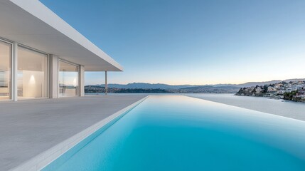 Fototapeta premium A stunning modern waterfront residence with an infinity pool overlooking breathtaking views. The home features sleek architecture, expansive windows, and a serene outdoor living space. Enjoy the luxu