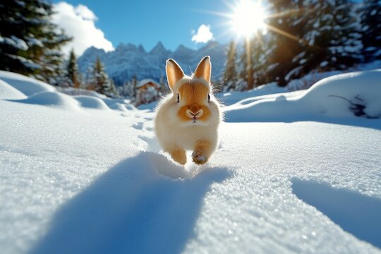 Rabbit hopping through a snowy forest, leaving tiny tracks in the fresh powder, disappearing into the white landscape