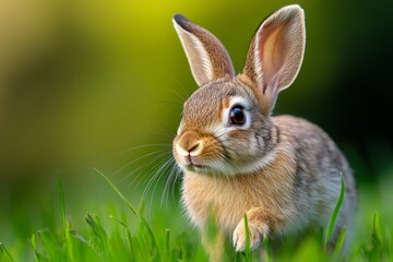 Fototapeta premium Rabbit hopping through the meadow, ears twitching as it explores the fresh grass under the golden morning sun