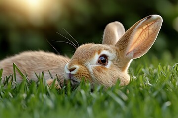 Fototapeta premium Rabbit resting in a patch of sunlight, warming itself as it stretches out in the grass, feeling the heat on its fur