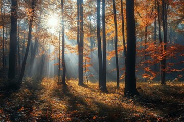 Fototapeta premium Sun rays filter through the trees in an autumn forest, casting a warm, golden glow over the colorful foliage and tranquil forest floor.