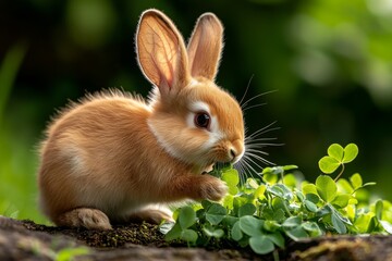 Fototapeta premium Rabbit sniffing at a patch of clover, finding a favorite snack as it munches happily in the morning light