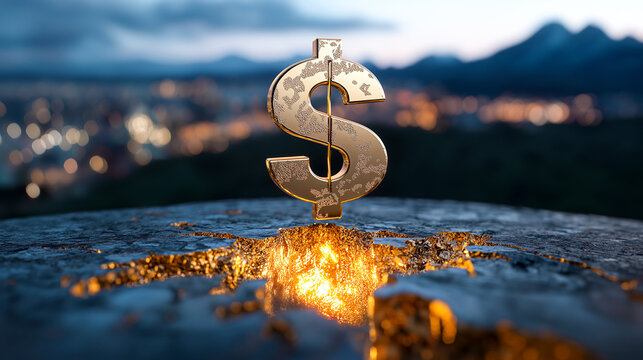 Crumbling Dollar Sign Amidst Dusk's Golden Glow
