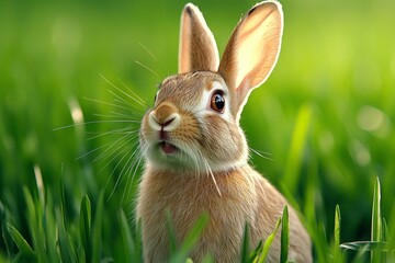Fototapeta premium Rabbit twitching its tail, ready to dash away at the first sign of danger in the tall grass