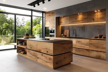 Stylish wooden log cabin kitchen, interior design trends