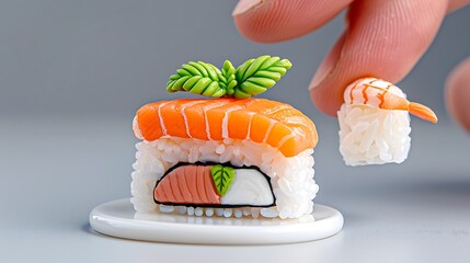 A detailed miniature food creation, with tiny utensils and plates meticulously crafted. The artist works with precision, creating miniature versions of real dishes that look so realistic you 