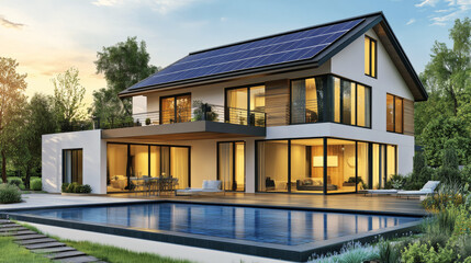Luxury Modern House Exterior with Solar Panels, Terrace, and Swimming Pool