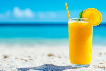 A tall glass of lemonade with a straw and a slice of orange sits on a white sandy beach, with a turquoise ocean and blue sky in the background, symbolizing summer, refreshment, vacation, relaxation, a