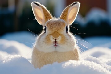 Rabbit with soft white fur, blending into the snow as it hops silently through the winter landscape