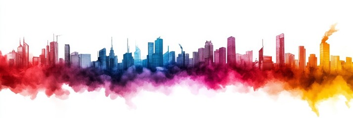 A vibrant watercolor illustration depicting a futuristic city skyline with towering buildings, symbolizing progress, innovation, urban development, and a sense of wonder.