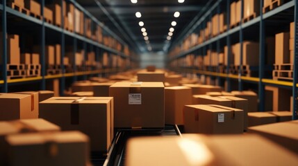 Warehouse interior with stacked cardboard boxes on shelves, showcasing an organized storage solution for logistics and inventory.