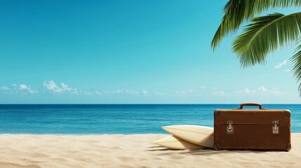 A vintage suitcase sits on a sandy beach, accompanied by surfboards and a palm tree, symbolizing travel, adventure, relaxation, summer vacation, and tropical paradise.