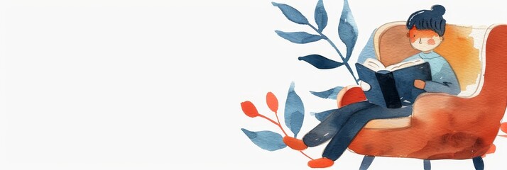 A watercolor illustration of a child sitting in an armchair and reading a book. The child is surrounded by flowers and greenery. The illustration evokes a sense of peace, relaxation, and the joy of re