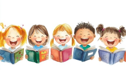 A whimsical watercolor illustration of six diverse children laughing and reading books. The image symbolizes the joy of learning, the importance of literacy, and the power of imagination.