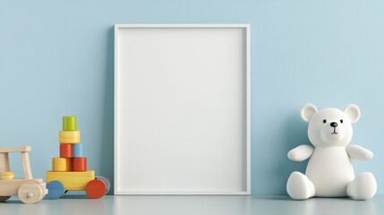 A white wooden picture frame mockup with a blank canvas, set against a light blue wall.  The frame is on a table with a teddy bear and wooden toys in the foreground.  This image symbolizes simplicity,