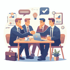 Partners meeting for business discussion with documents and laptop on desk. Couple at round table, speaking, discussing work, partnership. Flat vector illustration isolated on white background