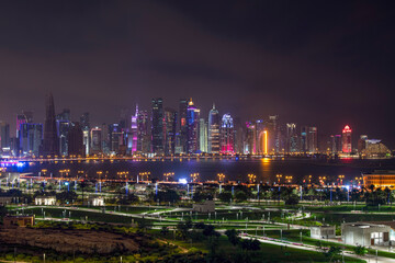 Fototapeta premium Beautiful aerial view of west bay Doha Skyline at night