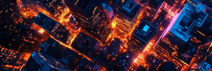 Fototapeta premium An aerial view of a city at night, with neon lights illuminating the streets and buildings. The image evokes a sense of urban dynamism, energy, and a futuristic cityscape.
