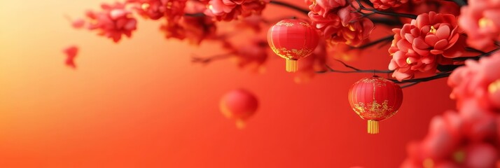 Red lanterns hanging from a branch of cherry blossoms, symbolizing good luck, prosperity, and happiness for the new year. The red color is a symbol of joy and celebration.