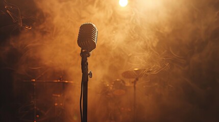 Silhouetted wireless microphone on stage in smoky spotlight left of center with copy space on right