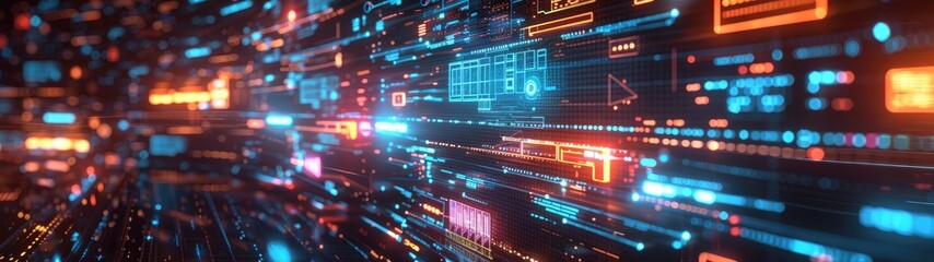 Fototapeta premium Futuristic digital data stream with vibrant colors and dynamic motion, representing technology and information flow in cyberspace.
