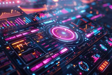 Obraz premium Futuristic digital interface with vibrant neon colors, showcasing data visualization, charts, and technological innovation.