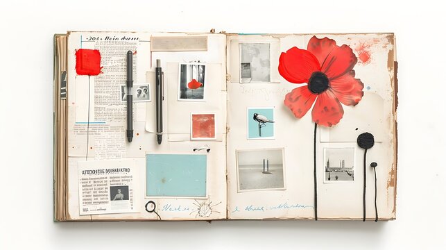 A detailed scrapbooking project, with photos, mementos, and decorative items arranged carefully on the pages. Each page tells a personal story, full of memories and creativity, making this a 