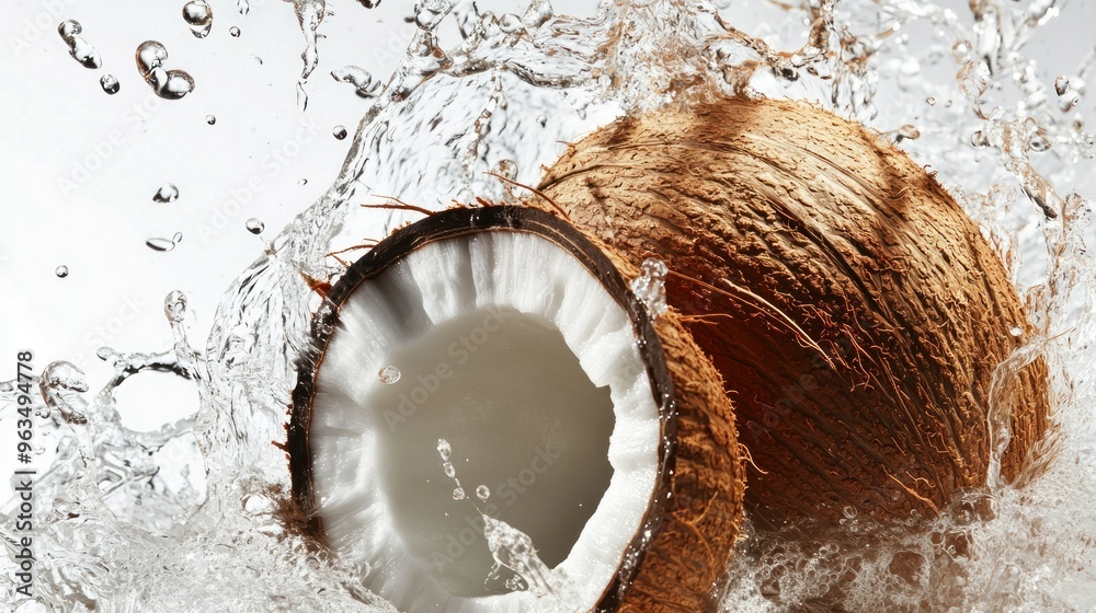 Poster coconut half submerged in water with splashing waves