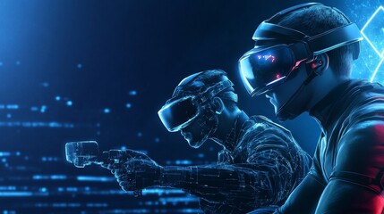 Two gamers in virtual reality headsets,  one aiming a futuristic weapon, immersed in a digital world, representing the excitement and competition of VR gaming.