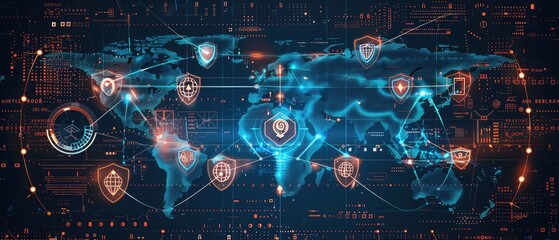 Futuristic digital world map with interconnected security shields representing global cyber security and network protection.
